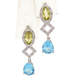 14K White Gold 2.39 TCW Topaz, Peridot and Accent Diamond Dangle Earrings