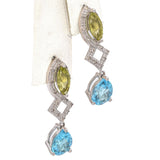 14K White Gold 2.39 TCW Topaz, Peridot and Accent Diamond Dangle Earrings