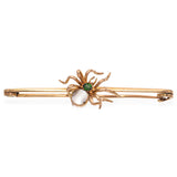 Antique 13K Rose Gold Mother of Pearl & Green Garnet Spider Bar Pin Brooch