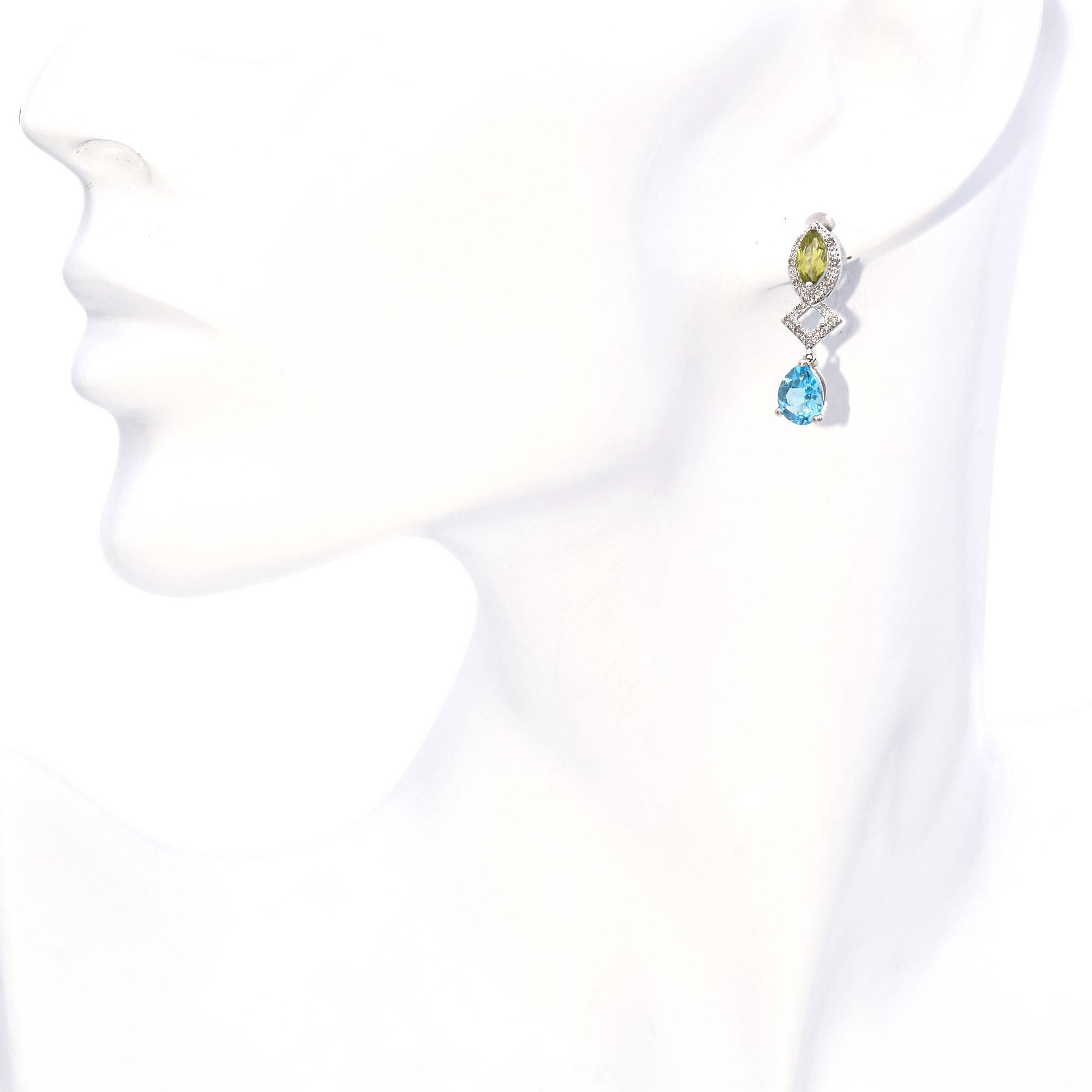 14K White Gold 2.39 TCW Topaz, Peridot and Accent Diamond Dangle Earrings