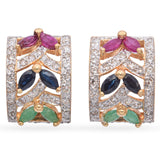 14K Yellow Gold Ruby, Sapphire, Emerald and Diamond Wide Semi-Hoop Earrings