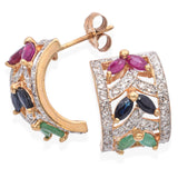 14K Yellow Gold Ruby, Sapphire, Emerald and Diamond Wide Semi-Hoop Earrings