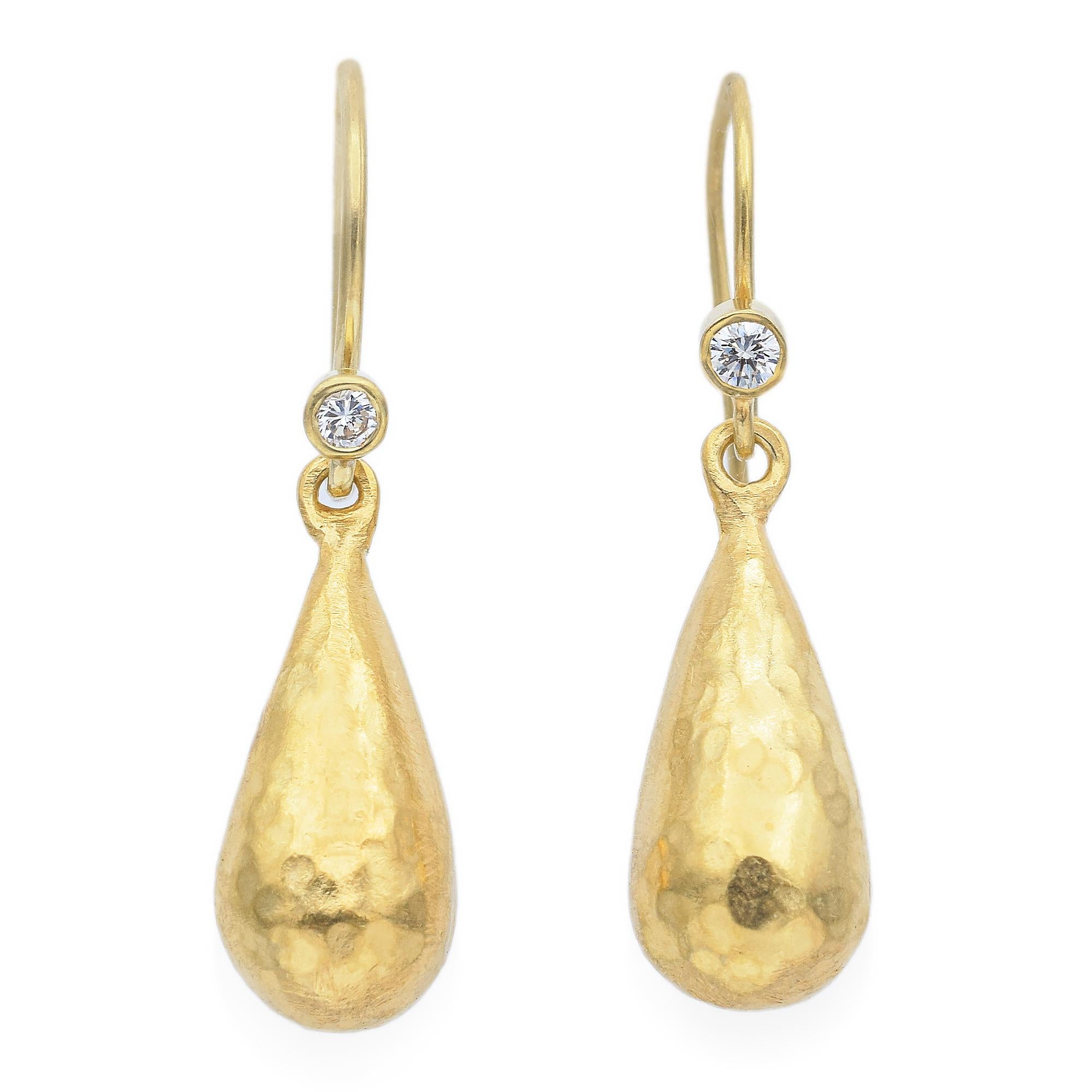 Estate 18K Yellow Gold Diamond Hammered Pear Drop Dangle Earrings