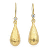 Estate 18K Yellow Gold Diamond Hammered Pear Drop Dangle Earrings