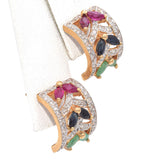 14K Yellow Gold Ruby, Sapphire, Emerald and Diamond Wide Semi-Hoop Earrings