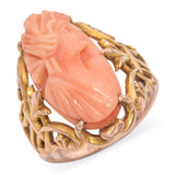 Antique 10K Yellow Gold Carved Coral Cameo Cocktail Ring