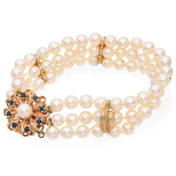 Vintage Three Strand Pearl Bracelet with 14k Yellow Gold Sapphire Clasp