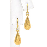 Estate 18K Yellow Gold Diamond Hammered Pear Drop Dangle Earrings