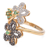 14K Yellow Gold Diamond and Emerald Floral Cocktail Ring