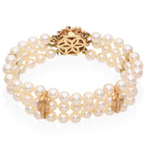 Vintage Three Strand Pearl Bracelet with 14k Yellow Gold Sapphire Clasp