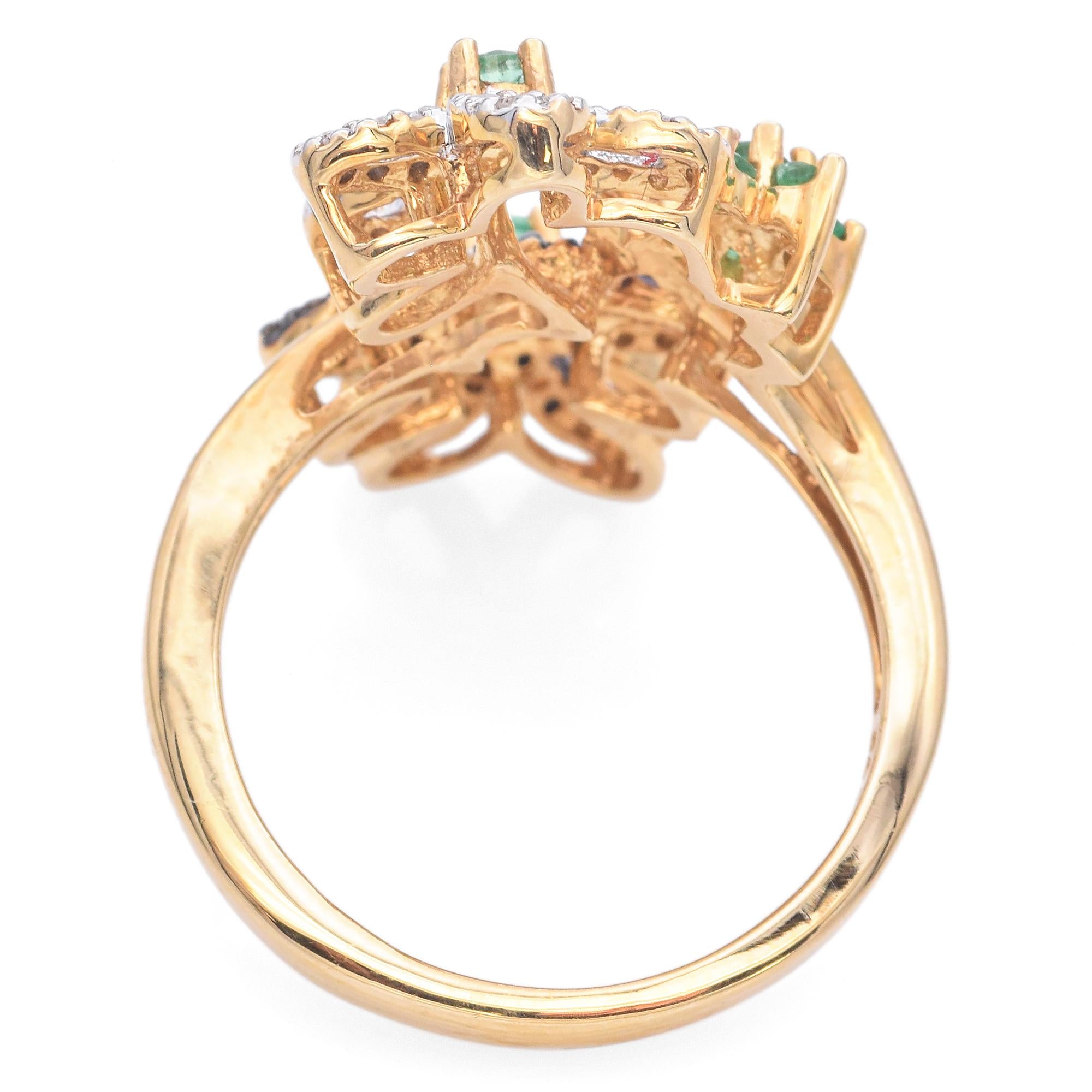 14K Yellow Gold Diamond and Emerald Floral Cocktail Ring