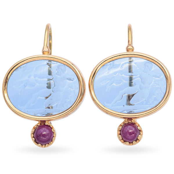 14K Yellow Gold Blue Intaglio with Ruby Cabochon Drop Earrings