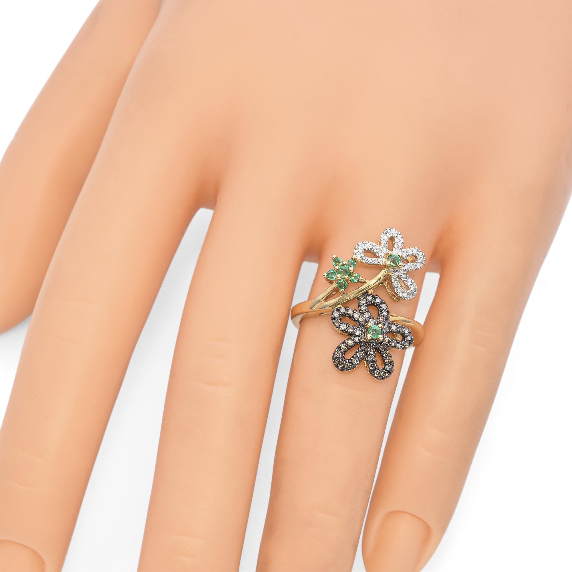 14K Yellow Gold Diamond and Emerald Floral Cocktail Ring