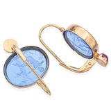 14K Yellow Gold Blue Intaglio with Ruby Cabochon Drop Earrings