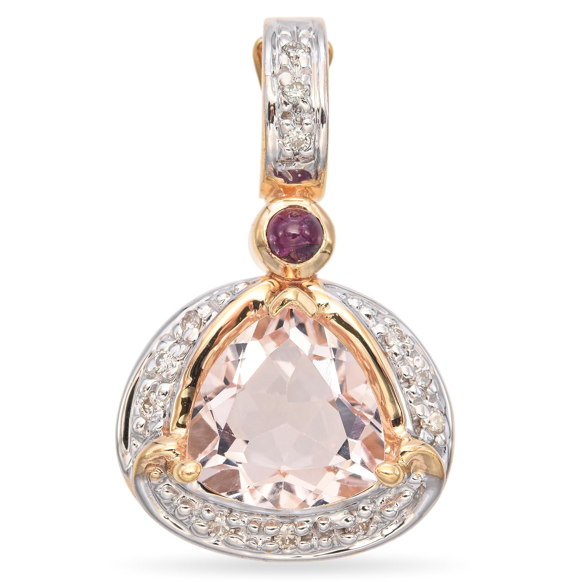 Estate 14k Yellow Gold Light Pink Morganite Ruby and Diamond Pendant