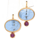 14K Yellow Gold Blue Intaglio with Ruby Cabochon Drop Earrings