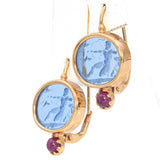 14K Yellow Gold Blue Intaglio with Ruby Cabochon Drop Earrings