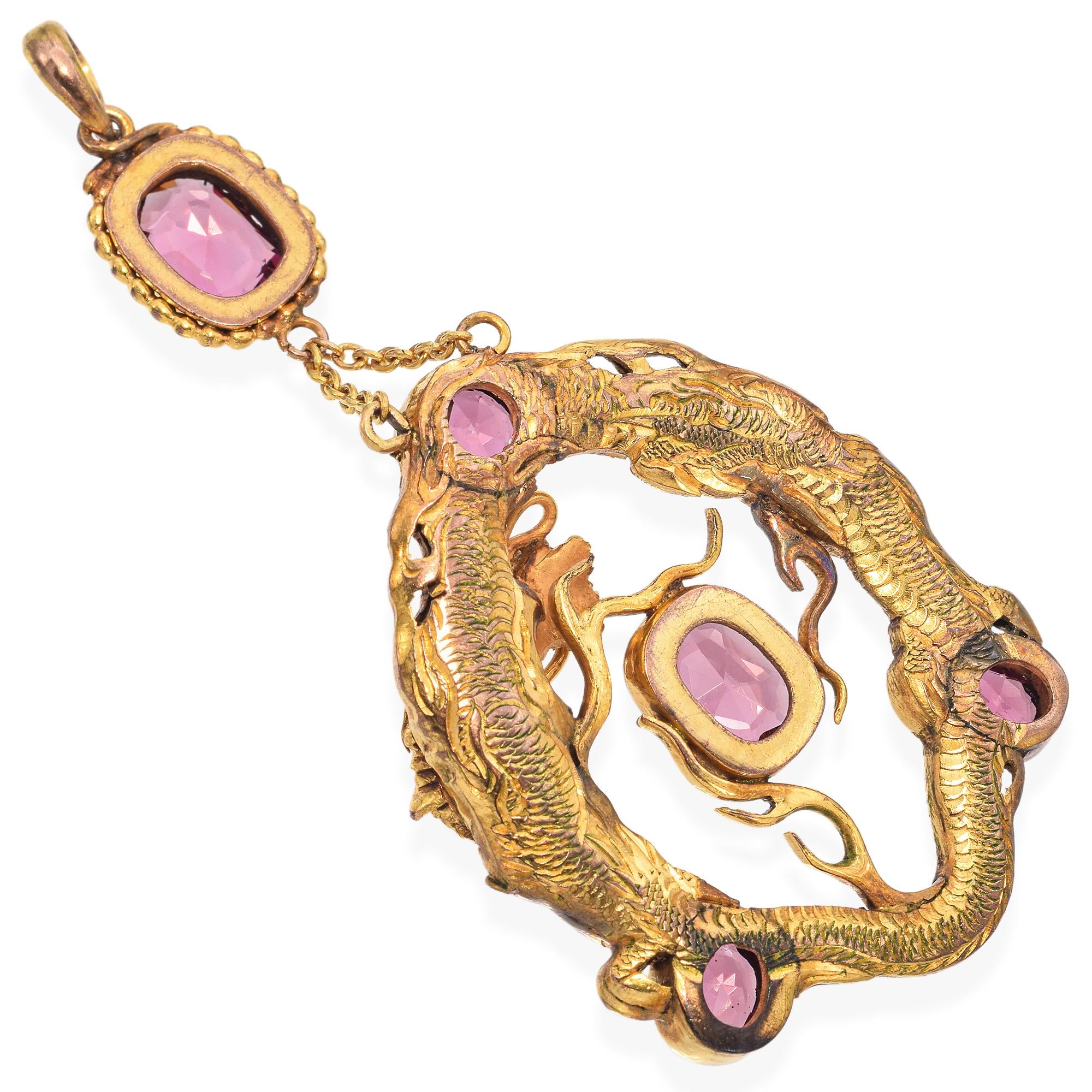 Antique Yellow Gold Pink Tourmaline Dragon Pendant