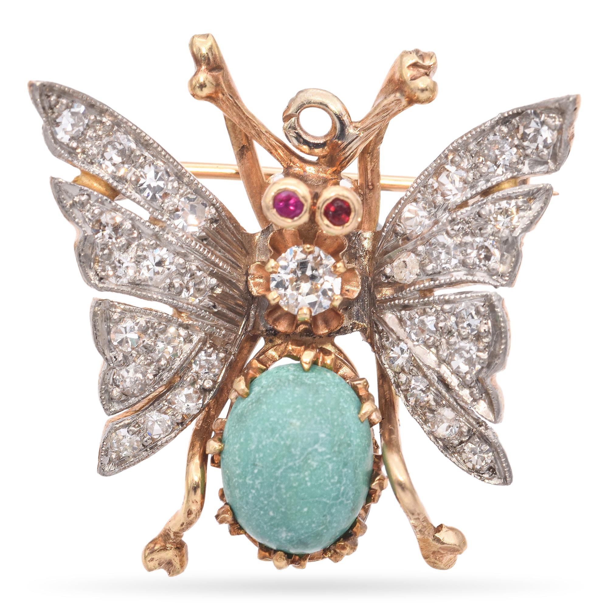 Antique Yellow Gold Diamond and Turquoise Butterfly Pin