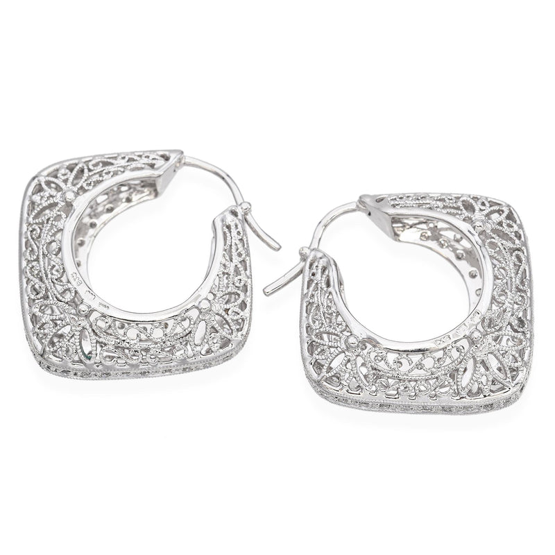 14K White Gold 0.66 TCW Diamond Filigree Square Hoop Earrings