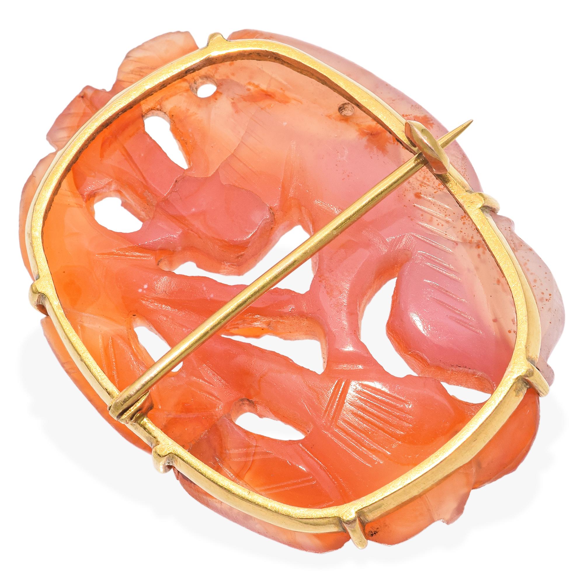 14K Yellow Gold Carved Monkey Carnelian Agate Brooch