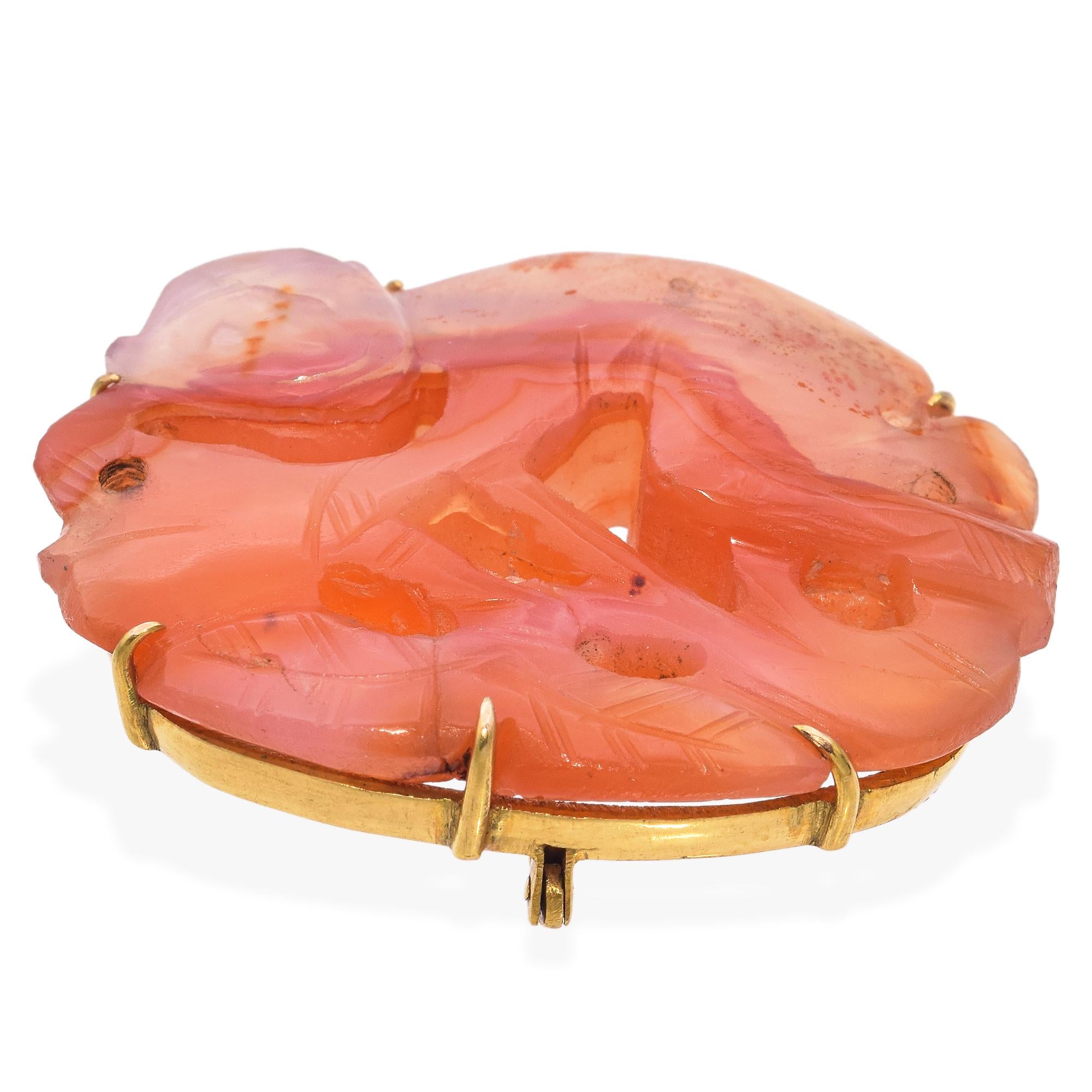 14K Yellow Gold Carved Monkey Carnelian Agate Brooch