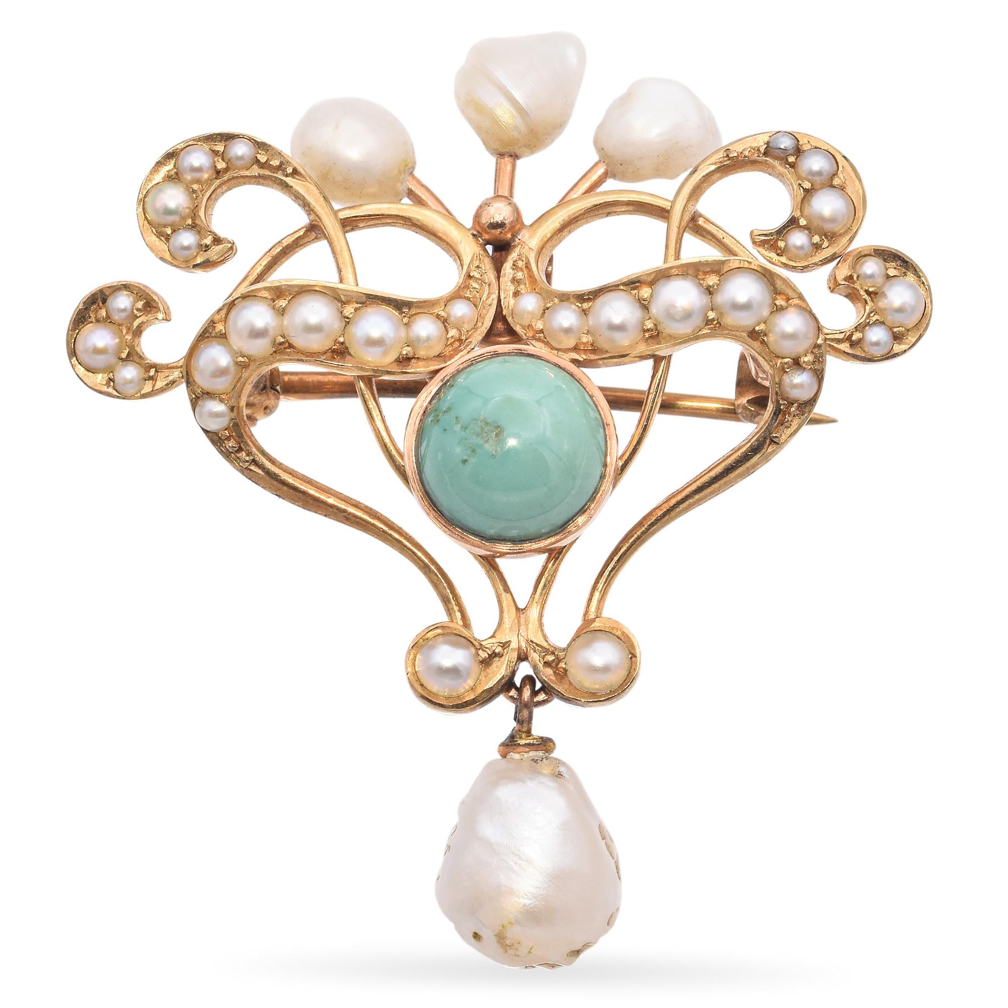 Antique 14k Yellow Gold Seed Pearl and Turquoise Pin