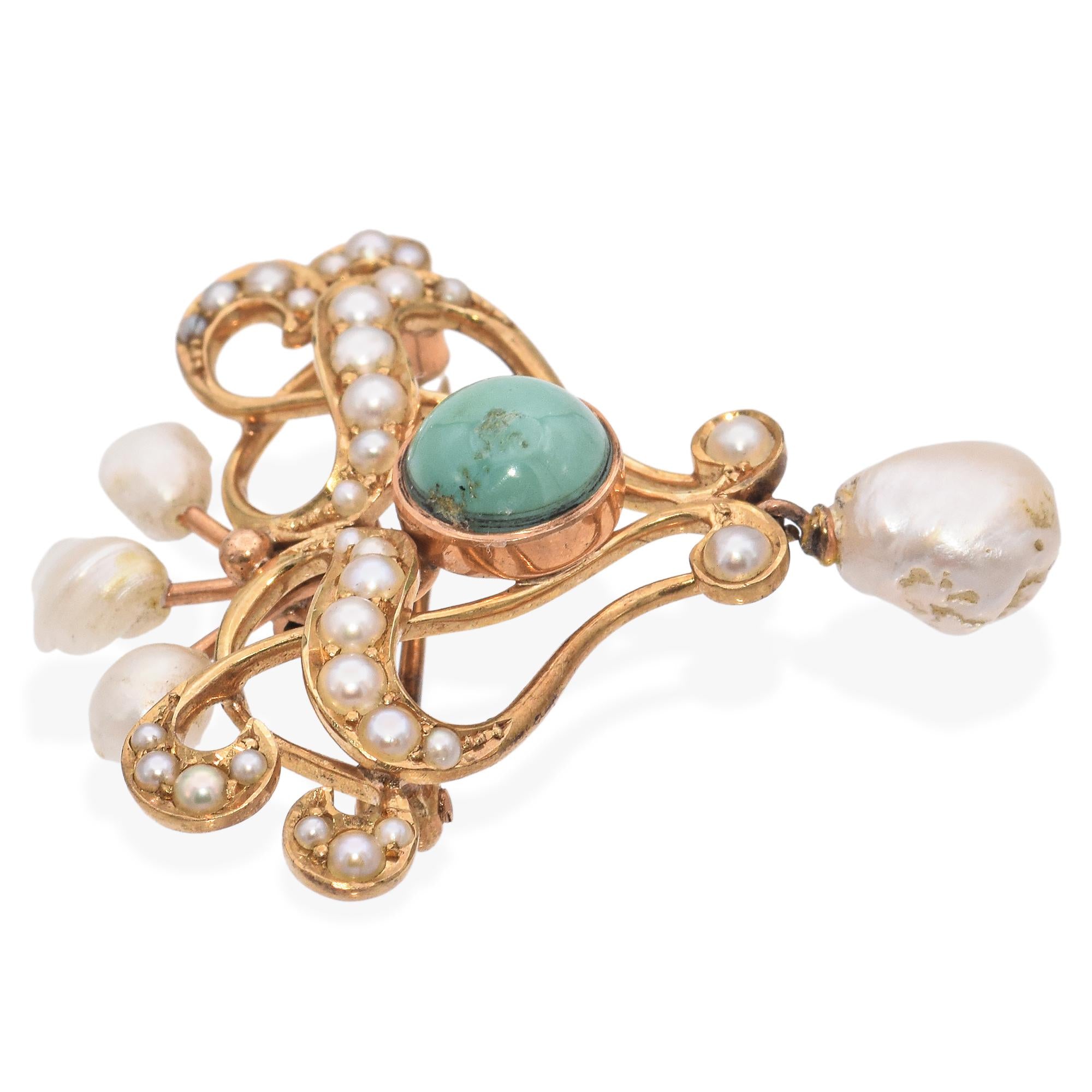 Antique 14k Yellow Gold Seed Pearl and Turquoise Pin