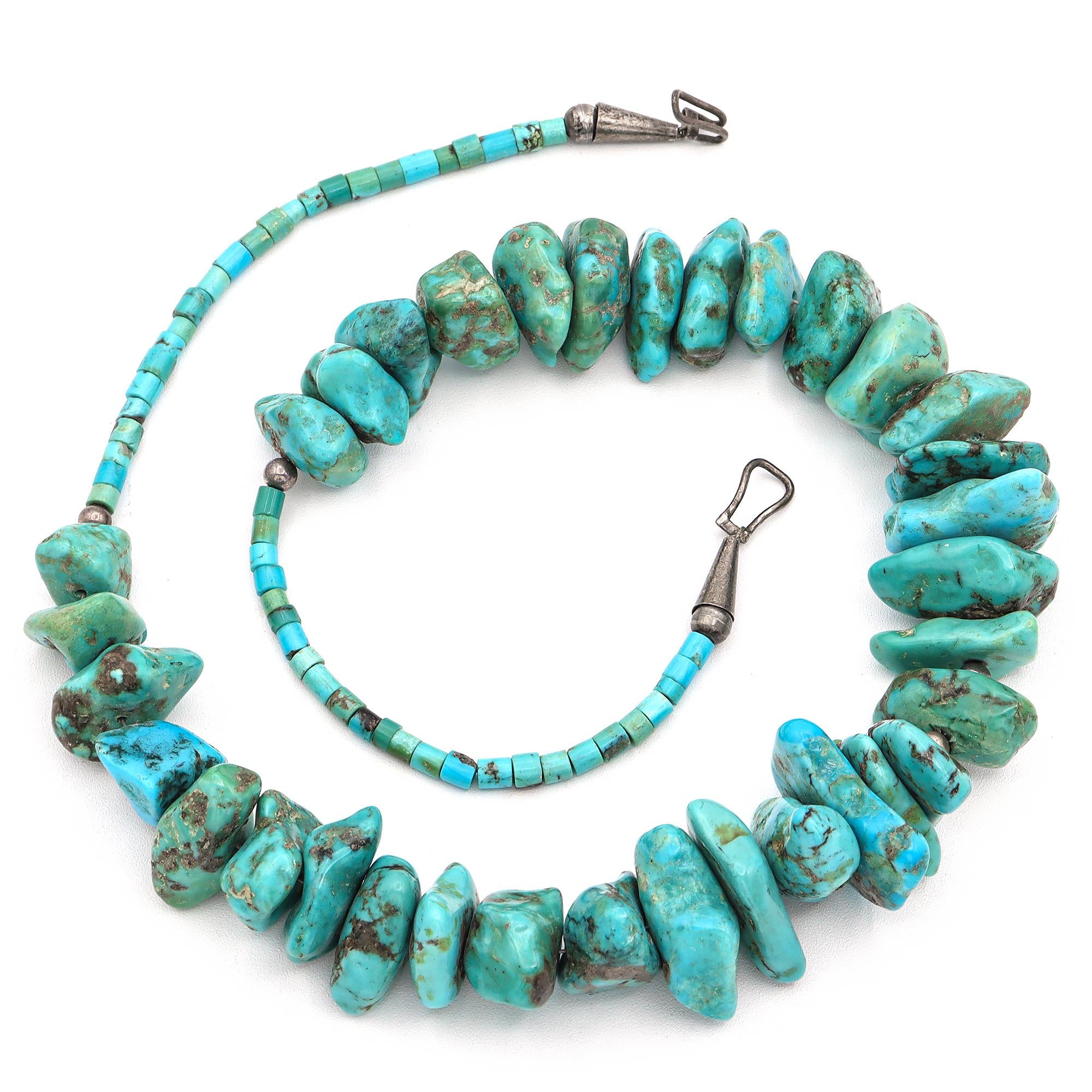 Vintage Native American Sterling Silver Turquoise Nugget Beaded Strand Necklace