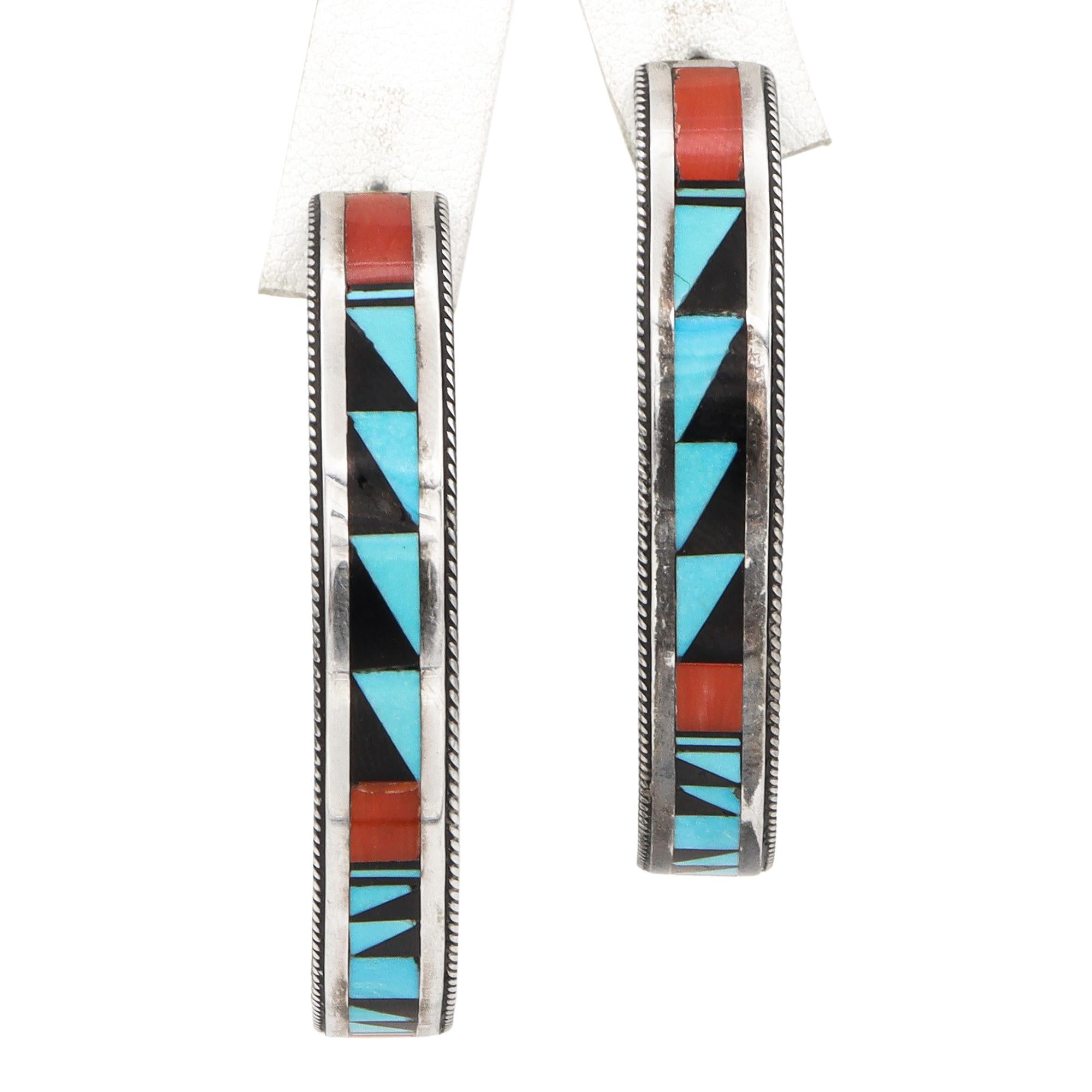 Rachel Tzuni Signed Native American Sterling Silver Multi Stone Inlay Earrings