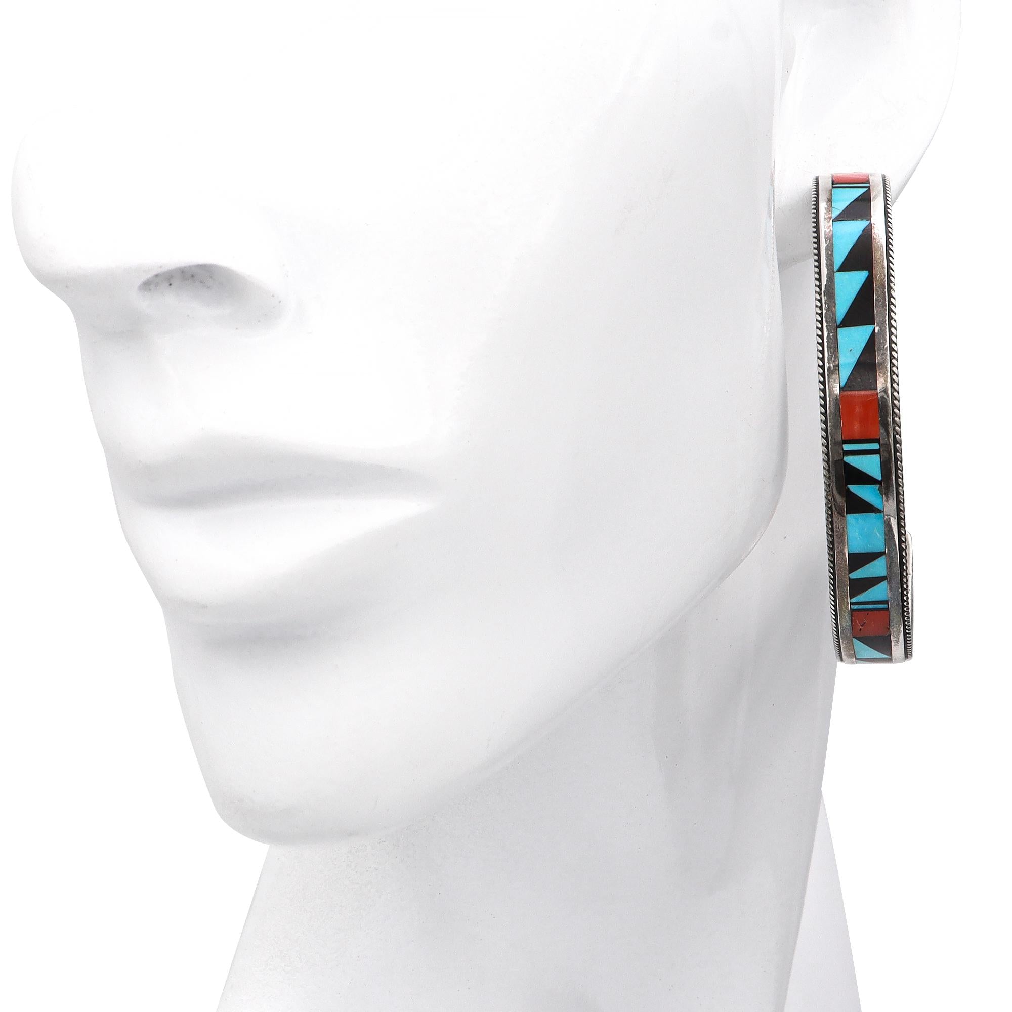 Rachel Tzuni Signed Native American Sterling Silver Multi Stone Inlay Earrings