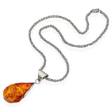 Taxco Mexico Sterling Silver Large Baltic Amber Pendant Byzantine Chain Necklace