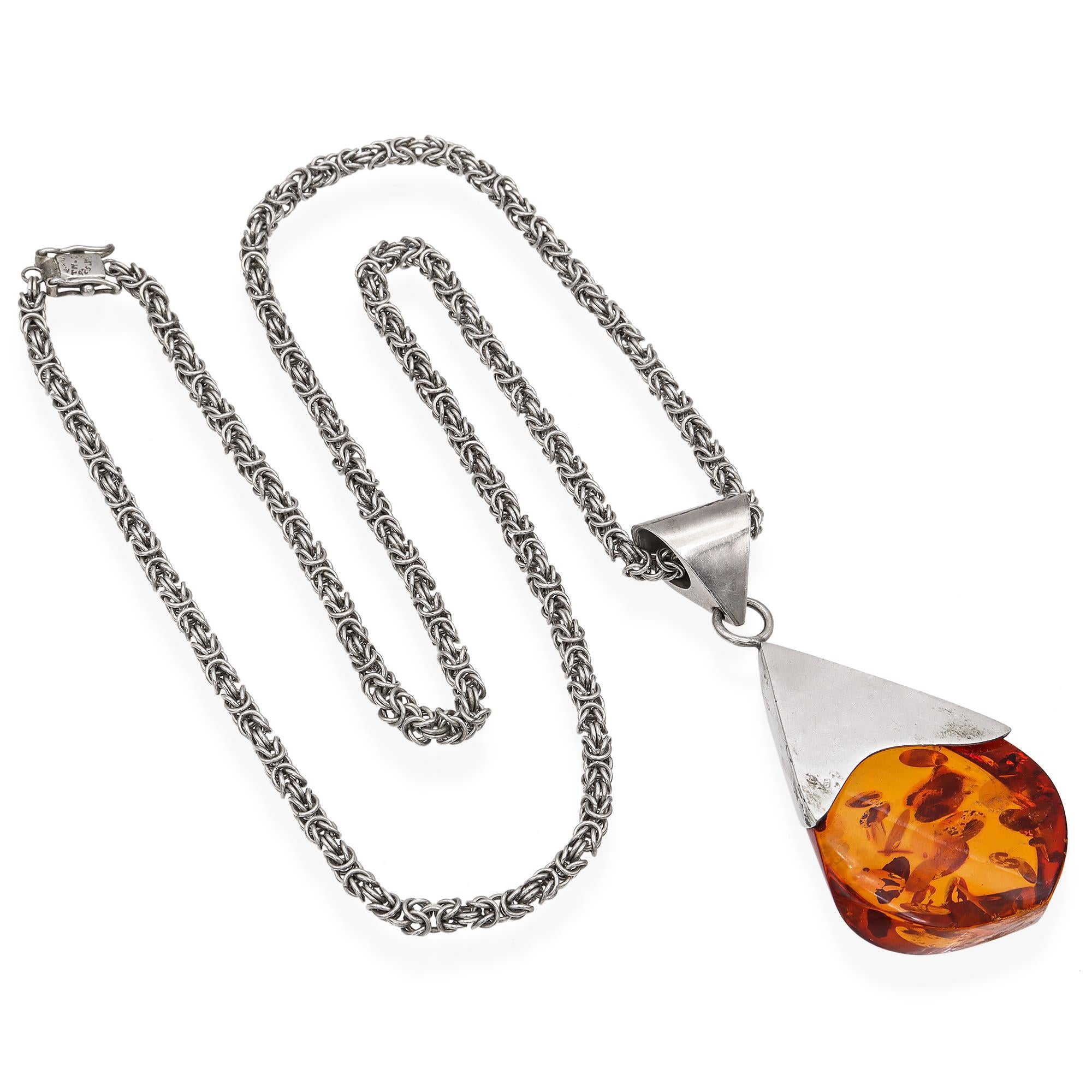 Taxco Mexico Sterling Silver Large Baltic Amber Pendant Byzantine Chain Necklace