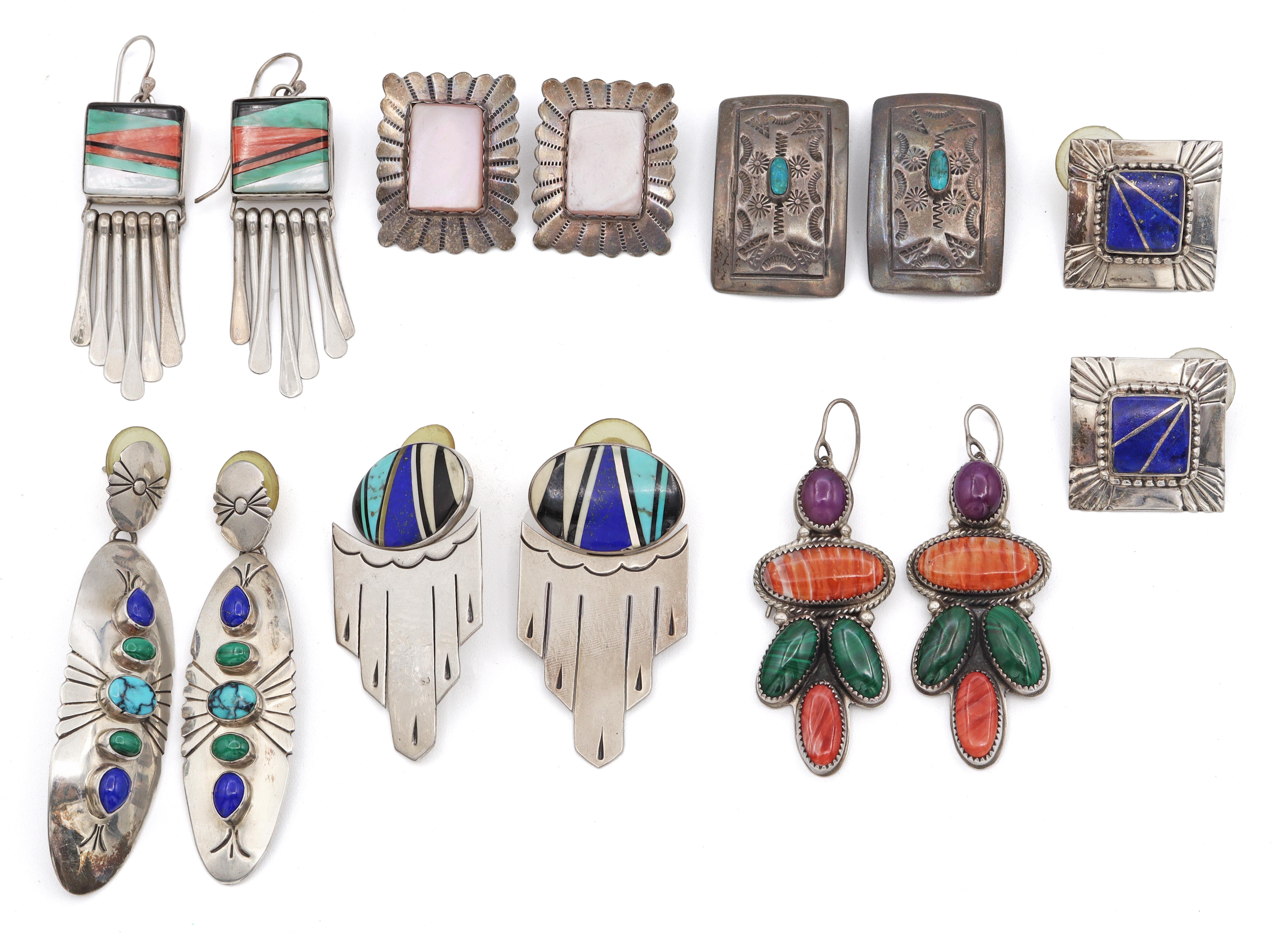 7 Pairs of Southwestern & Mexican Arist Sterling Silver Multi-Stone Earrings