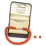 Vintage 18K Yellow Gold Red Coral Woven Sorrento Bracelet & Earring Set + Box