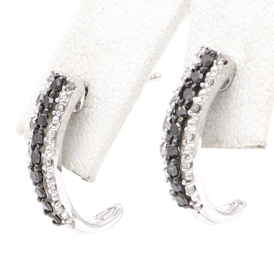 14K White Gold 1/3 CTTW Black & White Diamonds Triple Row Open Hoop Earrings