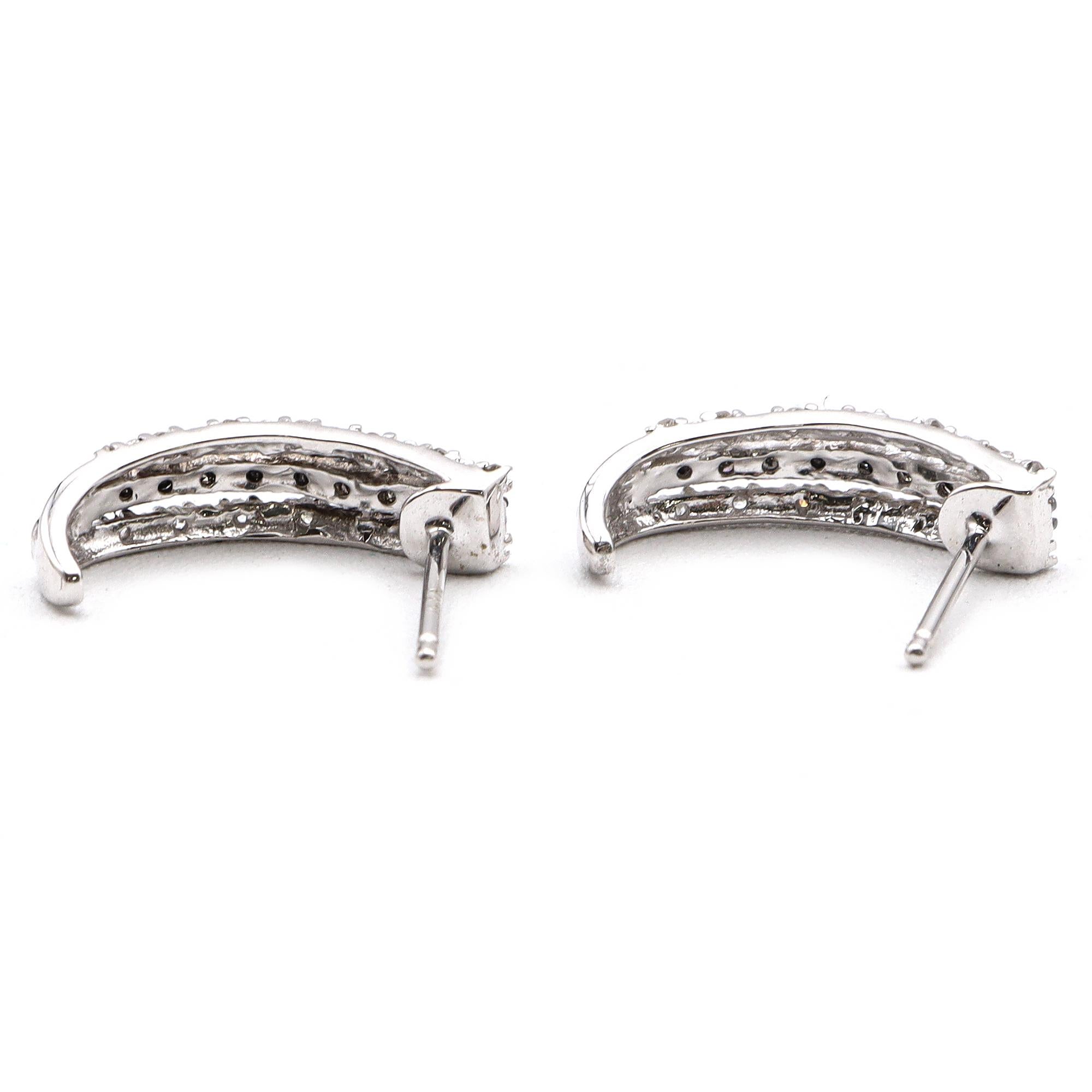 14K White Gold 1/3 CTTW Black & White Diamonds Triple Row Open Hoop Earrings