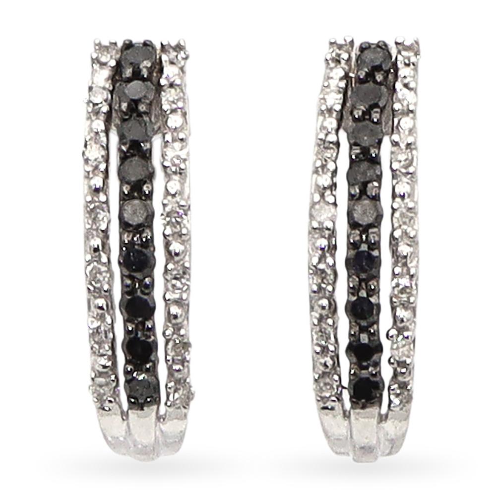 14K White Gold 1/3 CTTW Black & White Diamonds Triple Row Open Hoop Earrings