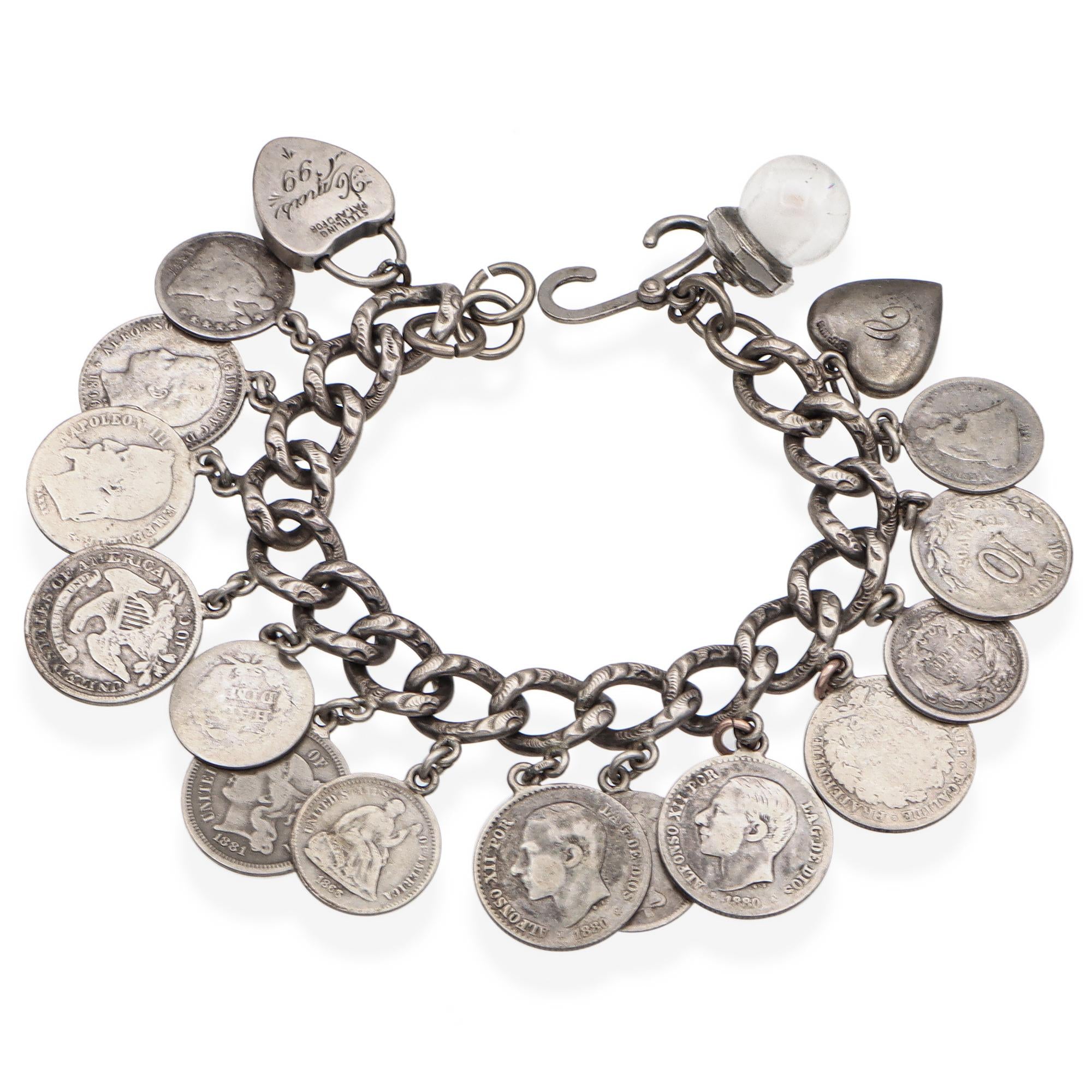 Antique Sterling Silver 17 Coins Engraved Heart Charms Bracelet