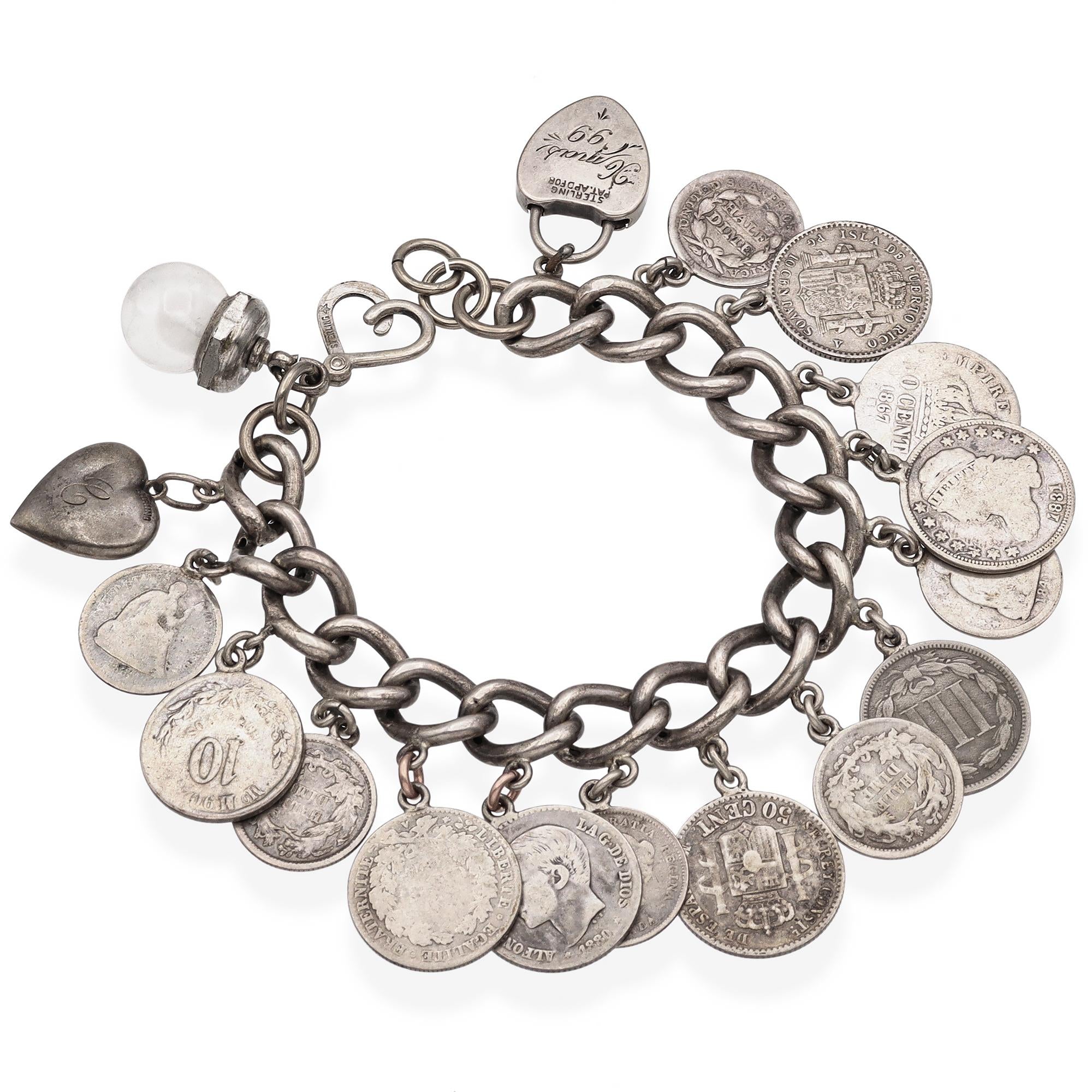 Antique Sterling Silver 17 Coins Engraved Heart Charms Bracelet