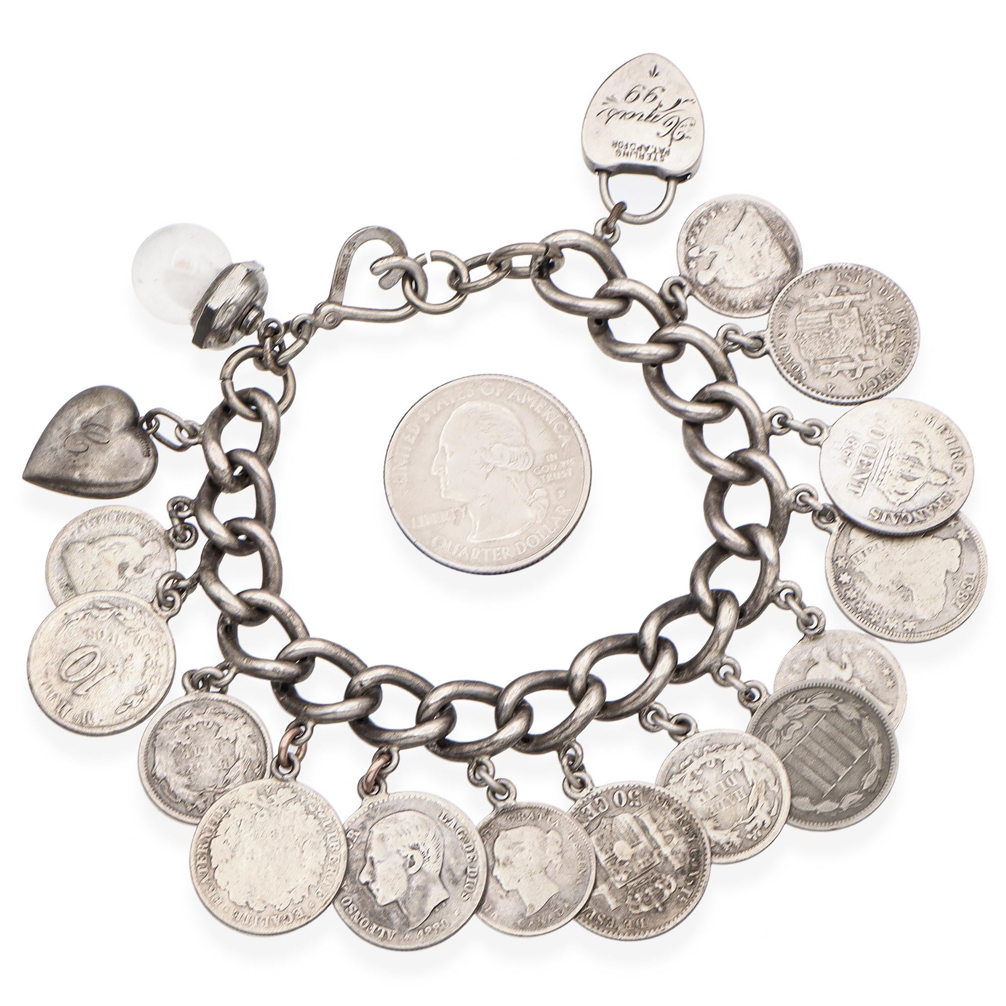 Antique Sterling Silver 17 Coins Engraved Heart Charms Bracelet