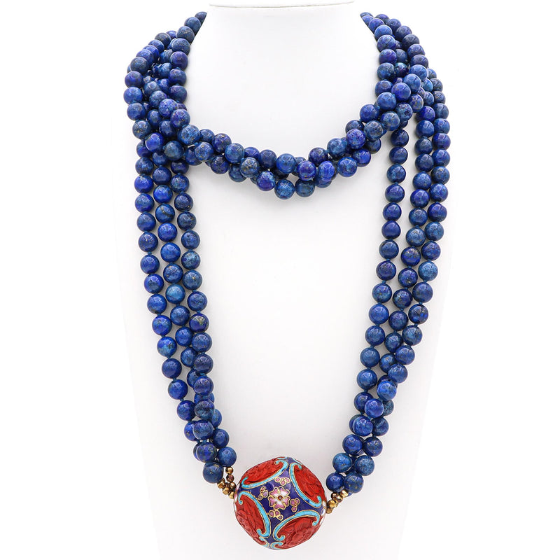 Vintage Chinese Cinnabar Cloisonne Lapis Beaded Multi-Strand Statement Necklace