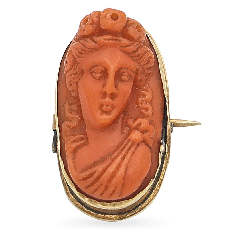 Antique 11K Rose Gold Red Coral Hand Carved Cameo Brooch Pin