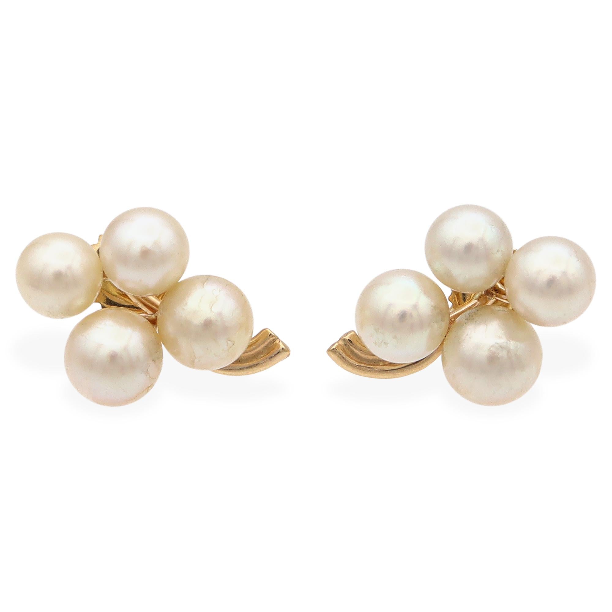 14K Yellow Gold Pearl Cluster Earrings