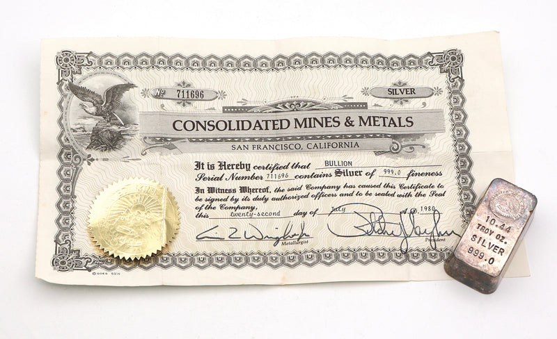 Vintage 10.44 oz .999 Consolidated Mines Silver Bar With Certificate