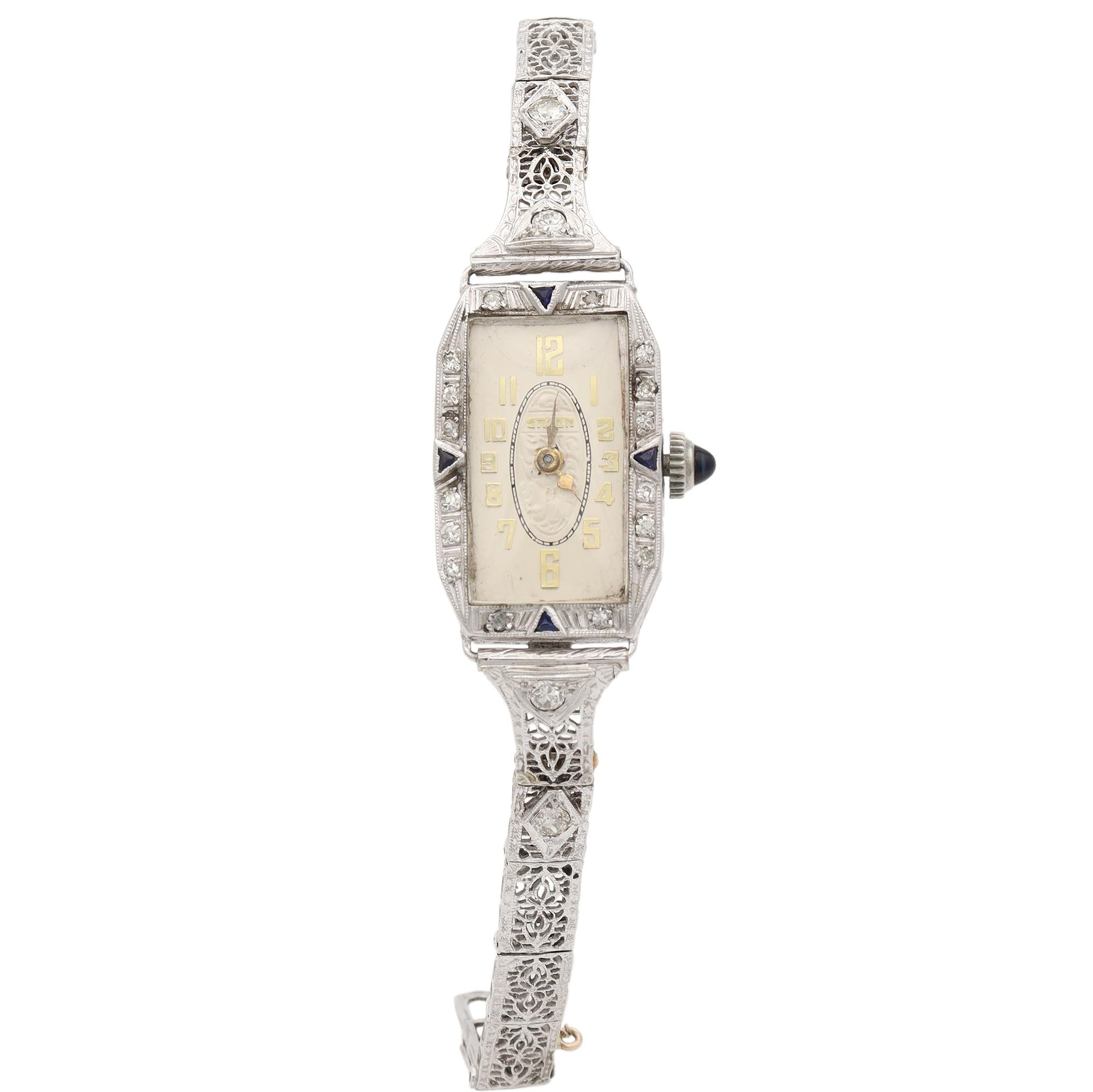 Gruen Platinum Case 14K White Gold Band Diamond Sapphire Women's Hand Wind Watch