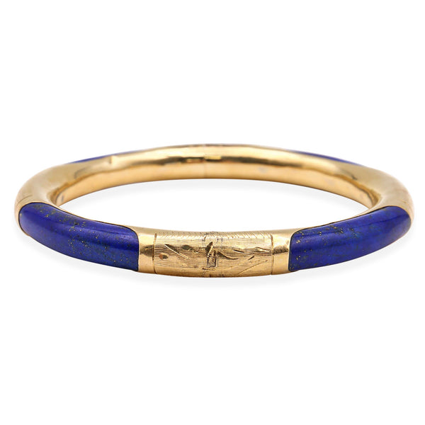 Vintage 14K Yellow Gold Lapis Lazuli Hinged Bangle Bracelet