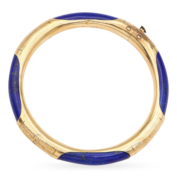 Vintage 14K Yellow Gold Lapis Lazuli Hinged Bangle Bracelet