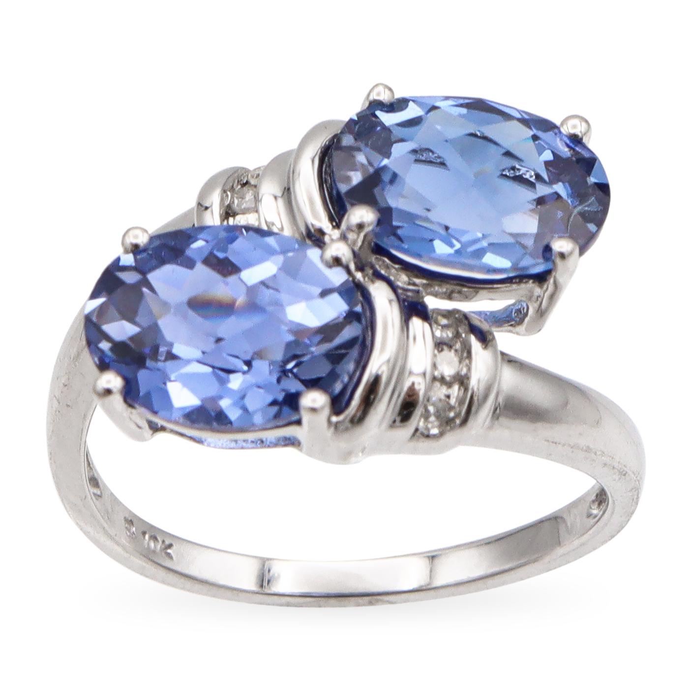 10K White Gold Lab Sapphire Diamond 2 Stone Oval Ring