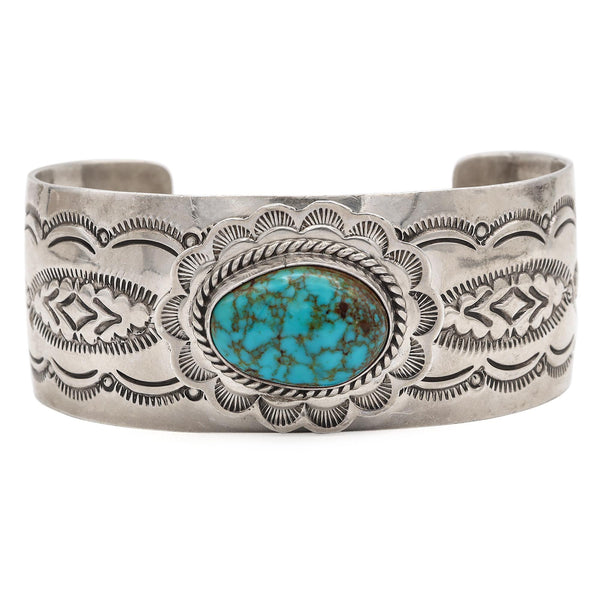 Vintage J. Nelson Sterling Silver Turquoise Etched Wide Cuff Bracelet